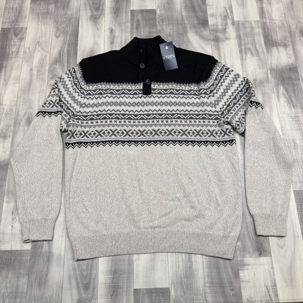 ✅ Mens L Chaps Ralph Lauren 3 Button Mockneck Fairisle Sweater Oatmeal Twist